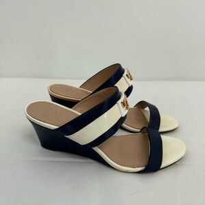 Tory Burch T Logo Wedge Strap Sandals Size 6 M Navy/Cream